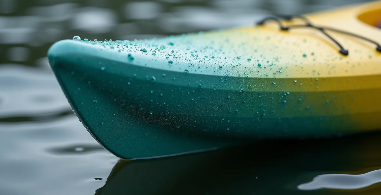 Vista dettagliata di un kayak da fiume mostrando rocker, volume e spigoli caratteristici