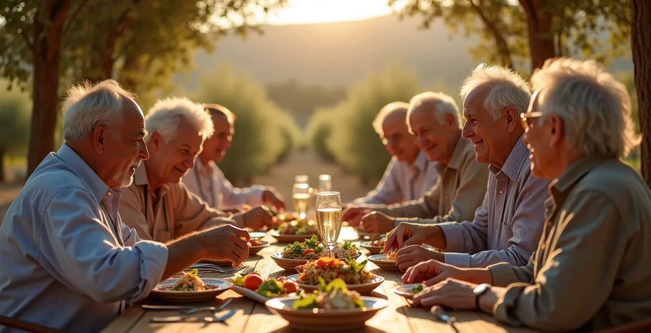 Gruppo di anziani sardi che condividono un pasto all'aperto