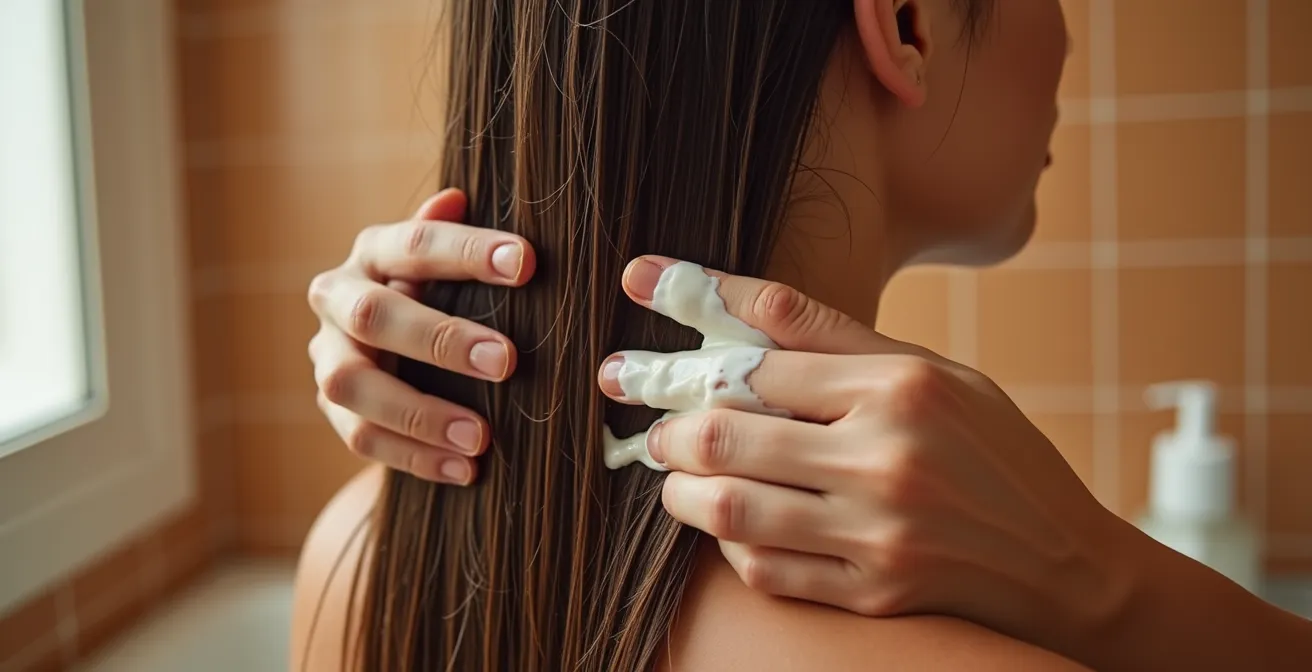 Mani che applicano maschera per capelli con tecnica a sezioni su chioma divisa