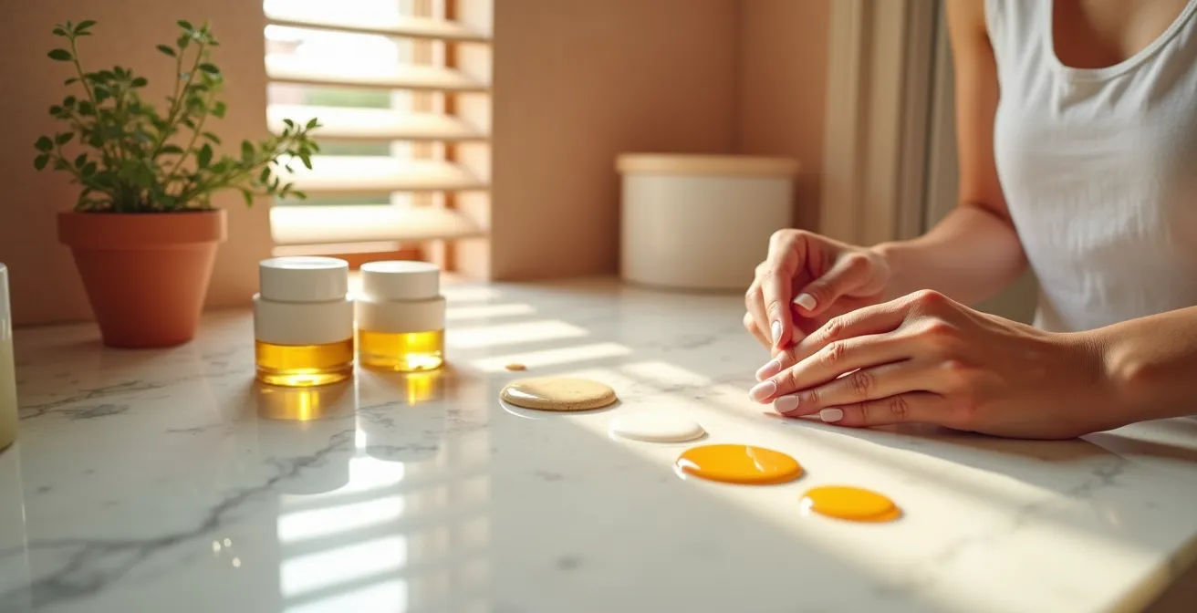 Mani femminili applicano diversi strati di prodotti skincare, mostrando la progressione da texture leggere a ricche.