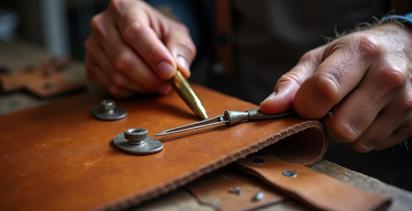 Dettagli ravvicinati di una borsa artigianale italiana in lavorazione
