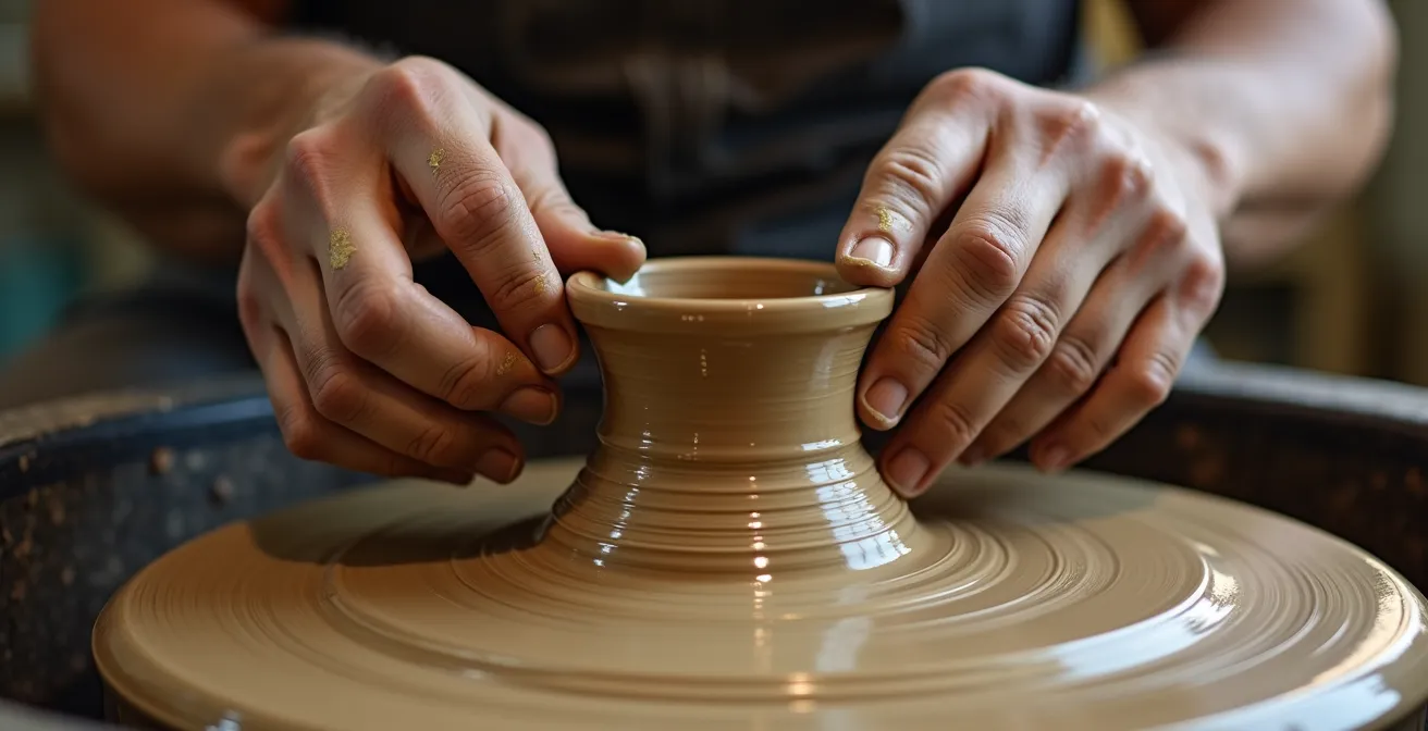 Mani di artigiano che modellano ceramica su tornio tradizionale