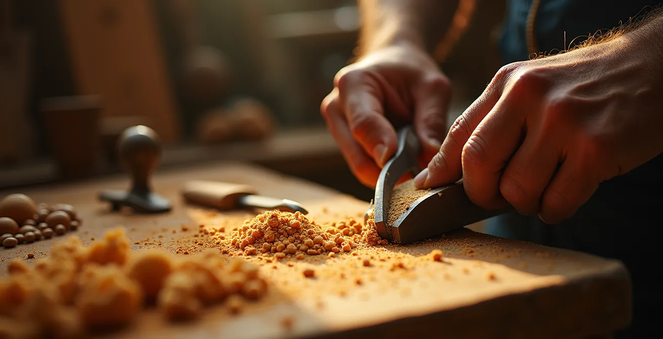 Mani di artigiano che lavora il legno di un violino in bottega tradizionale