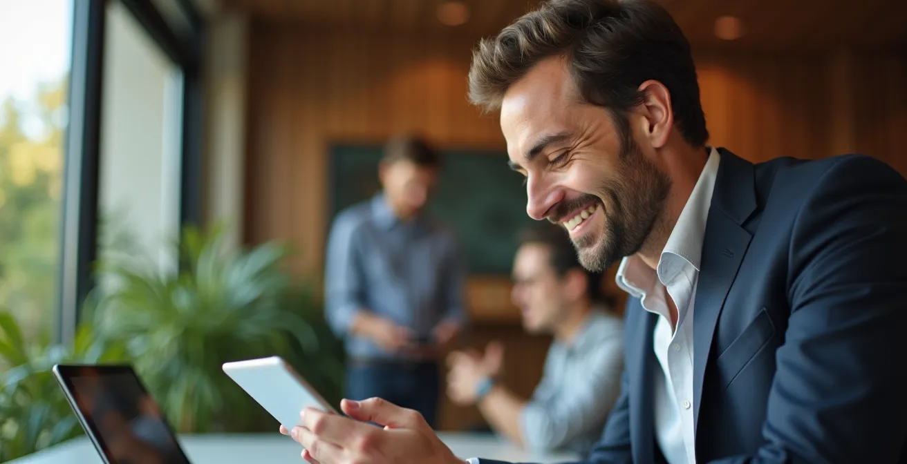 Imprenditore italiano analizza feedback clienti su tablet in ambiente di lavoro collaborativo