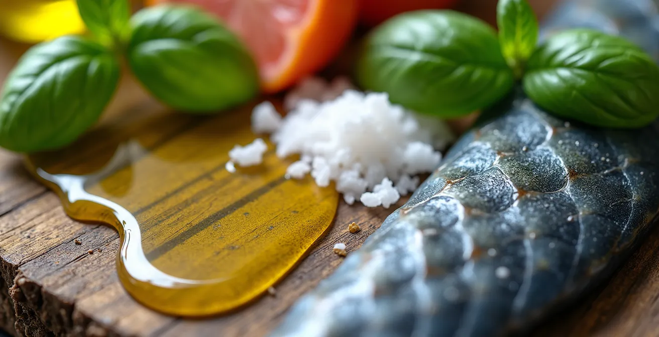 Composizione macro di alimenti mediterranei anti-infiammatori con texture e colori vibranti