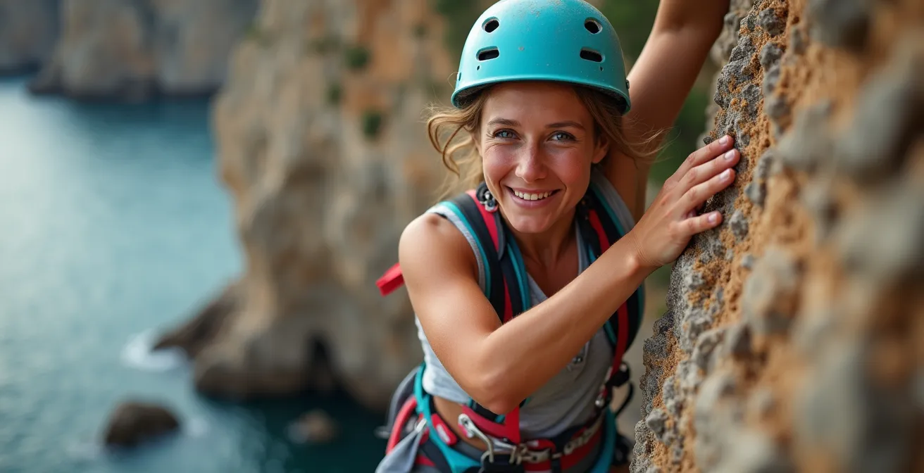 Principiante in arrampicata su falesia italiana con vista mare e istruttore