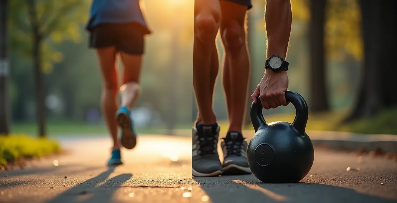 Composizione visiva divisa tra esercizi cardio e allenamento di forza