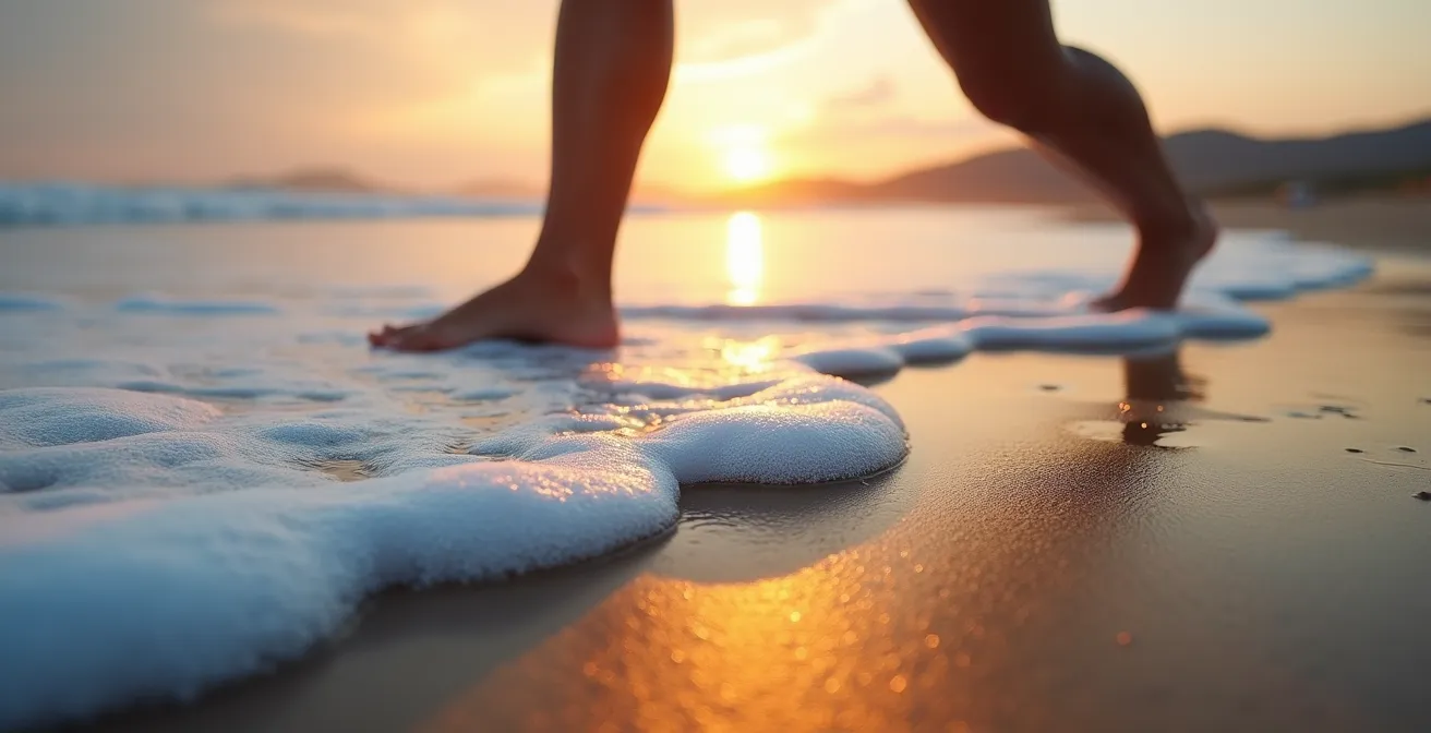 Praticante yoga in meditazione con onde del mare in primo piano