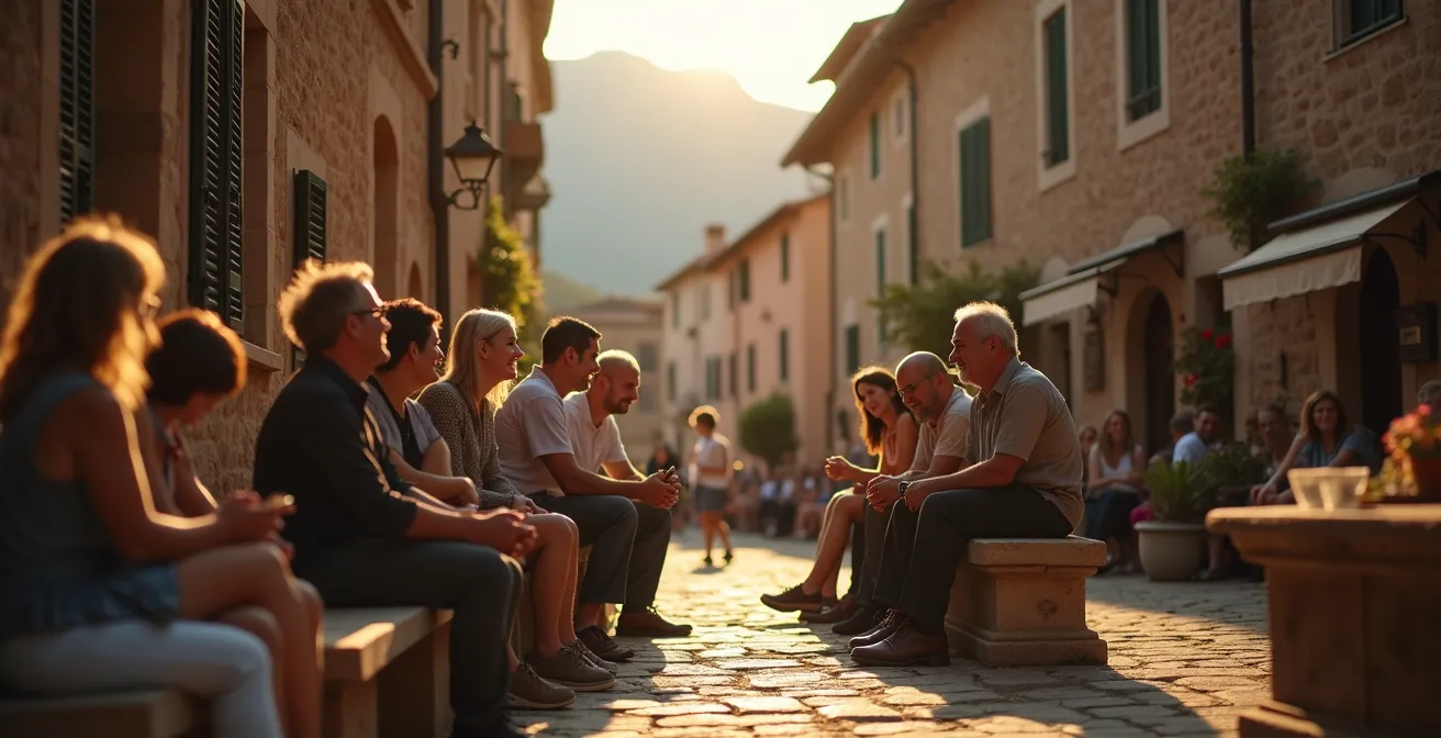 Borgo medievale italiano immerso nelle montagne con persone che conversano in piazza