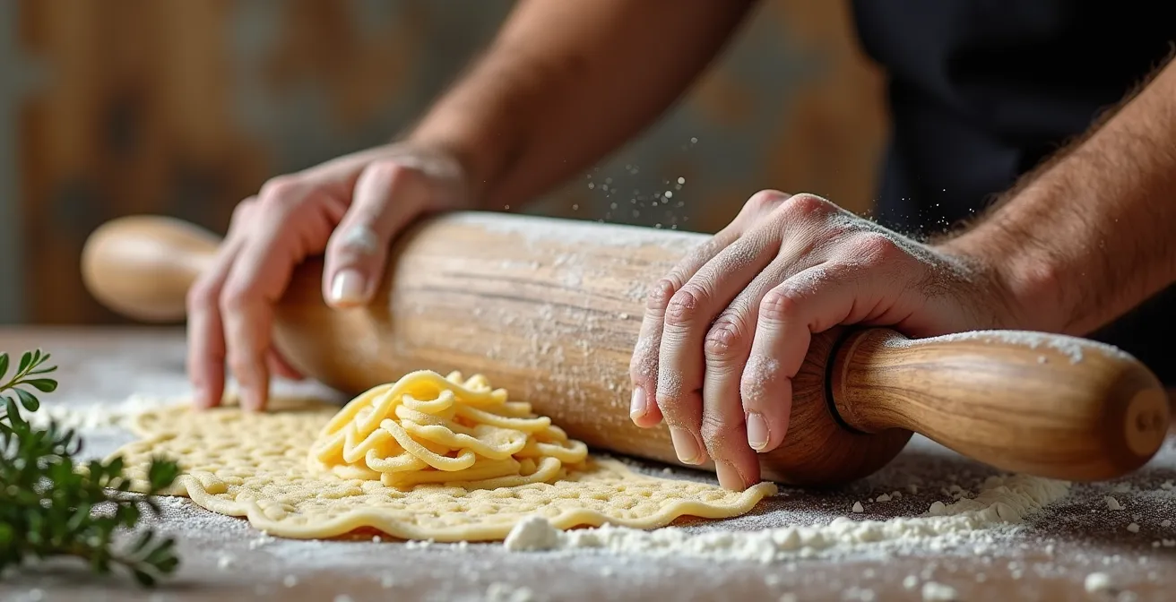 Vista panoramica di un piccolo borgo italiano durante una sagra con abitanti locali nelle strade e bancarelle artigianali