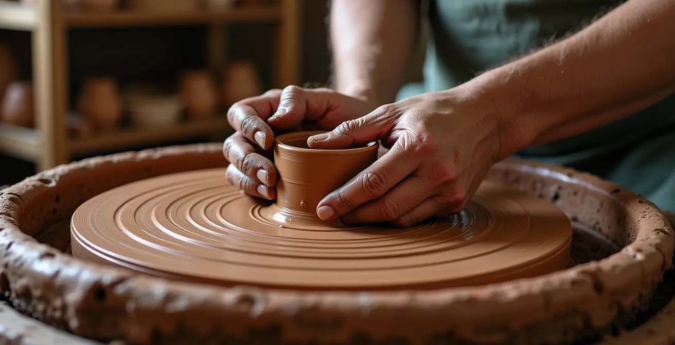 Interno di una bottega di ceramica tradizionale italiana con artigiano al tornio