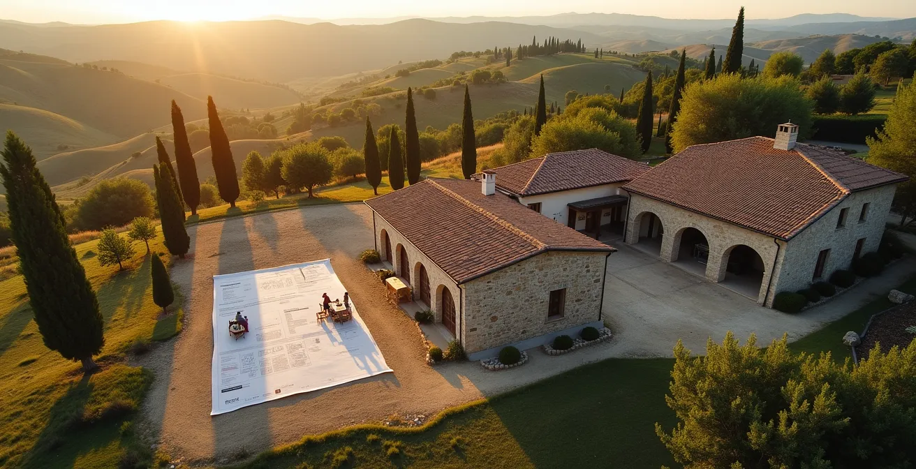 Vista aerea di un agriturismo umbro che mostra le 5 fasi di ristrutturazione dal cantiere iniziale al risultato finale