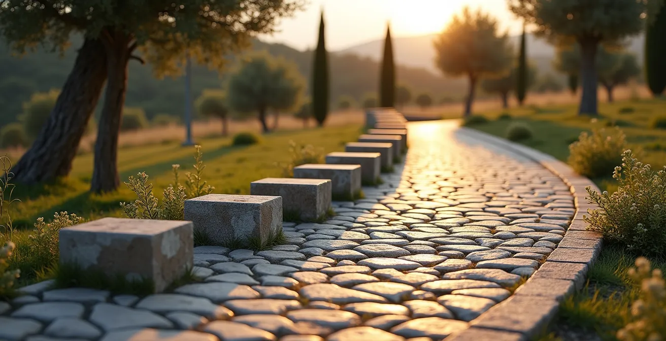 Percorso serpeggiante con cinque pietre miliari che rappresentano le fasi di un progetto in un paesaggio italiano