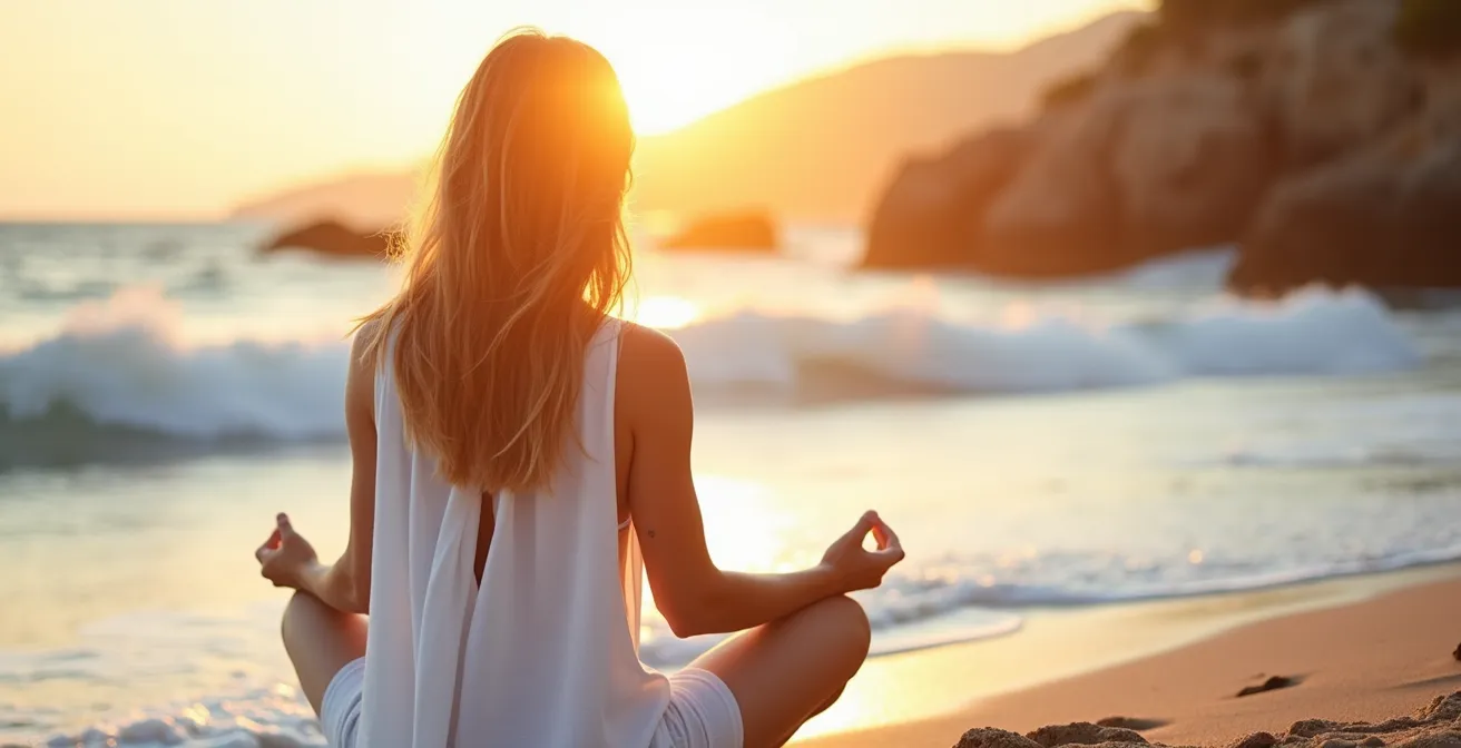 Persona che pratica mindfulness in riva al mare italiano al tramonto