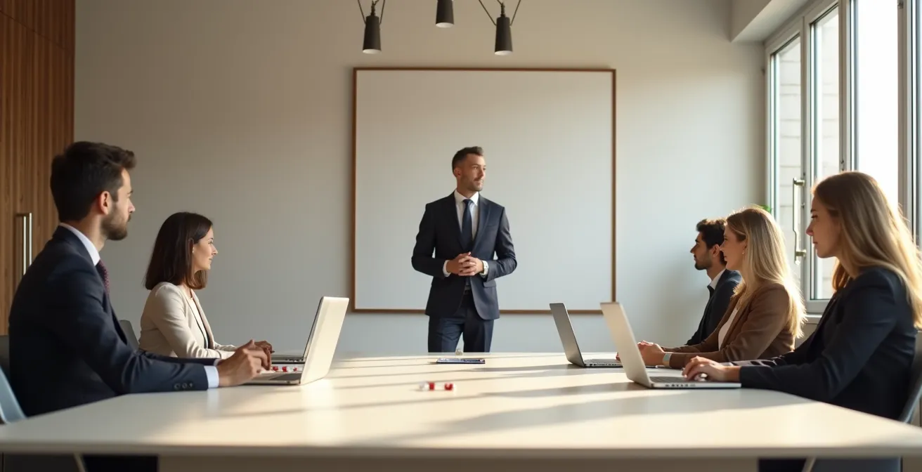 Manager italiano che comunica assertivamente con il team in una PMI