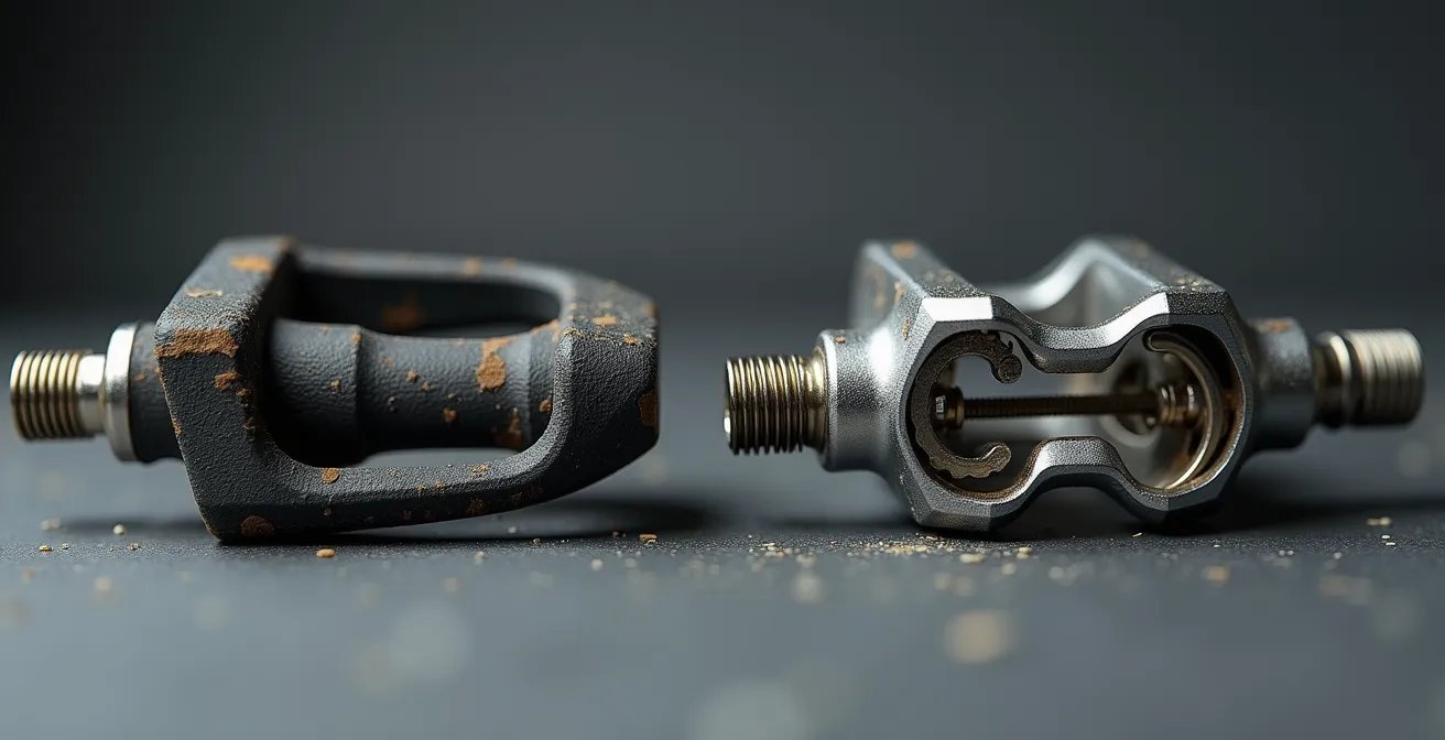 Dettaglio ravvicinato pedali flat con pins e SPD con meccanismo sgancio