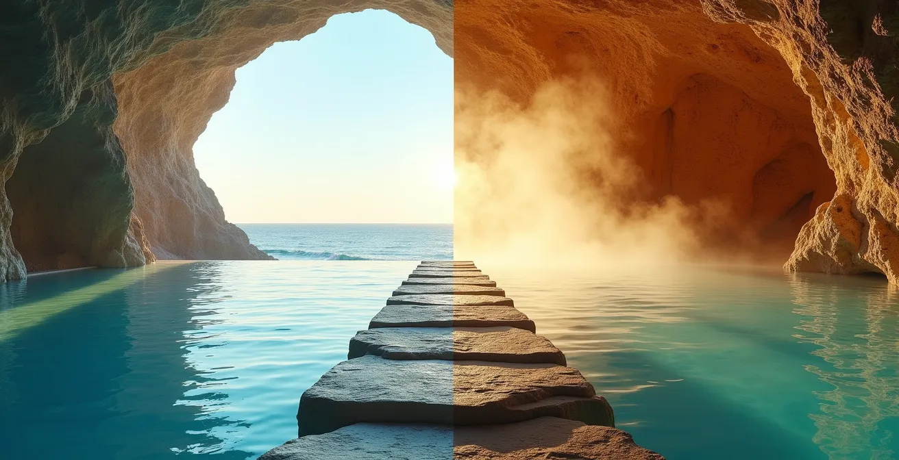 Composizione divisa tra ambiente marino aperto e grotta termale intima