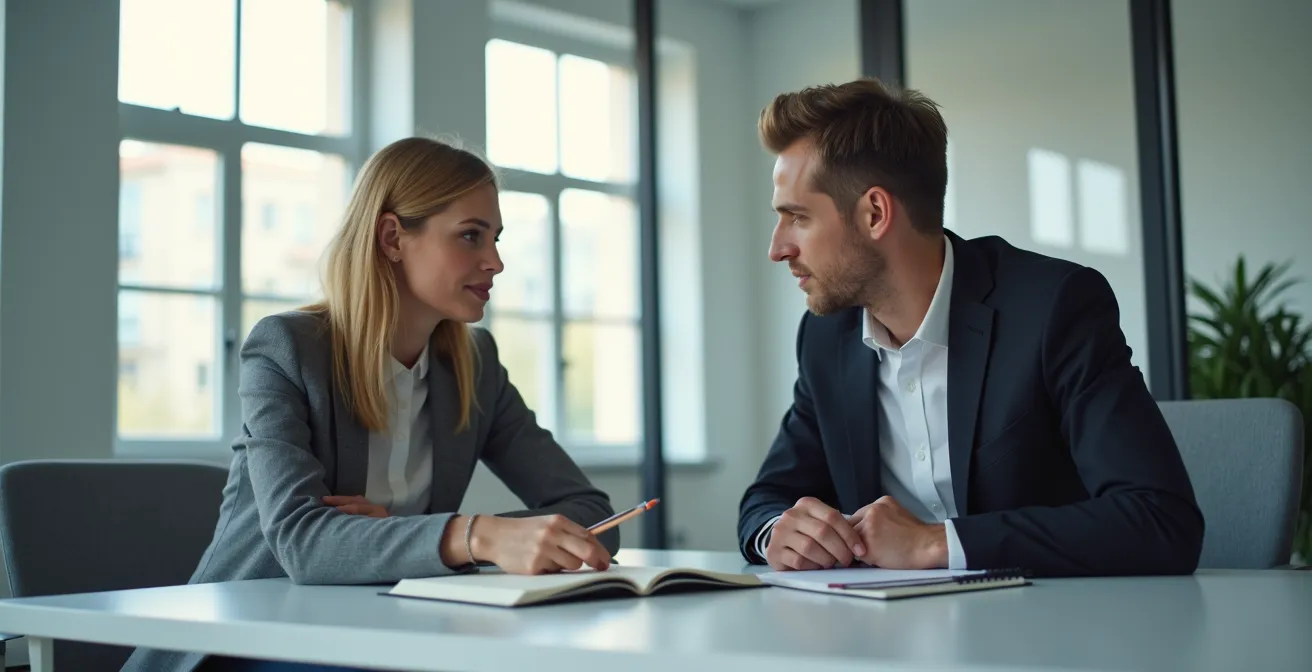 Consulente e cliente in dialogo professionale durante una sessione di consulenza strategica