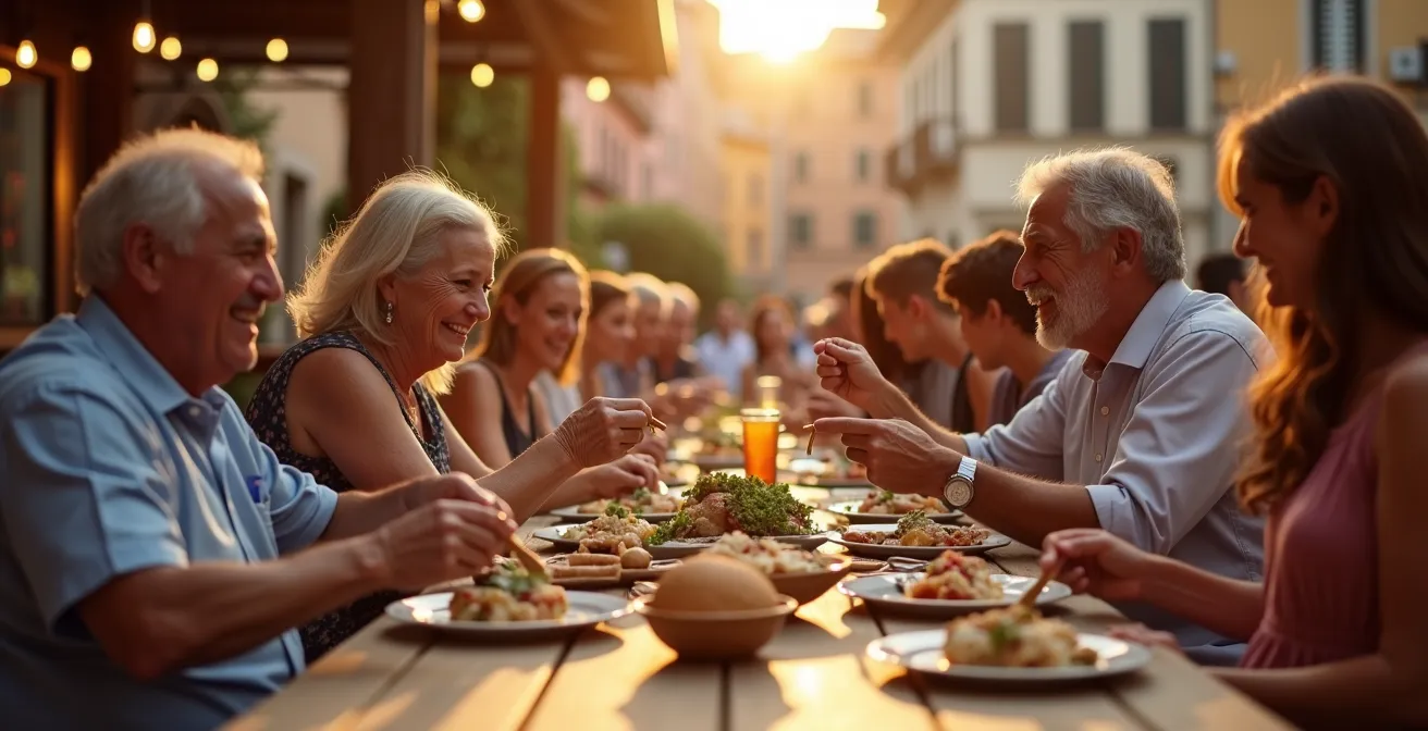 Gruppo multigenerazionale che condivide un pasto all'aperto in una piazza italiana al tramonto