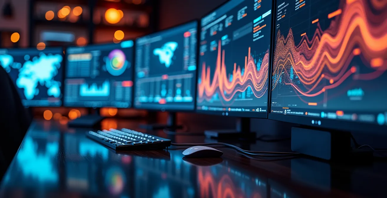 Dashboard digitale con KPI strategici in tempo reale visualizzato su monitor multipli