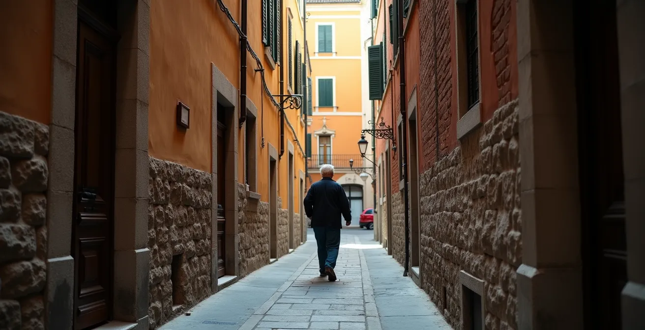 Vicolo italiano con stratificazioni architettoniche visibili sui muri