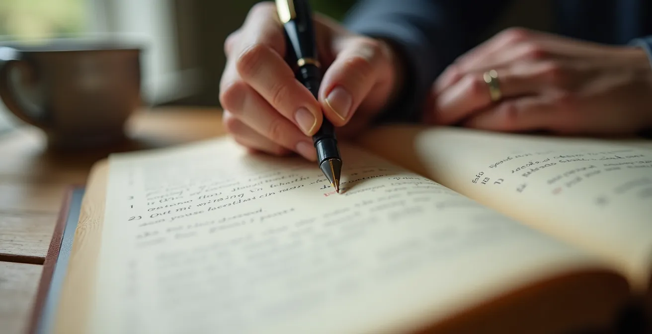 Mani che scrivono in un diario aperto su un tavolo di legno, con una tazza di caffè accanto, simbolo di serenità e riflessione.
