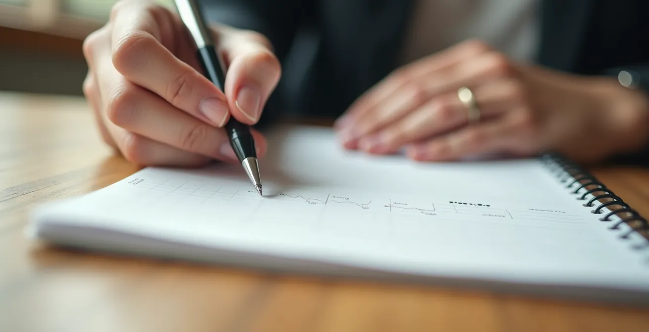 Persona che scrive attentamente su un diario dei sintomi prima di una consultazione medica.