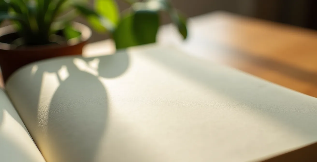 Vista macro di un diario aperto con texture della carta e ombre morbide