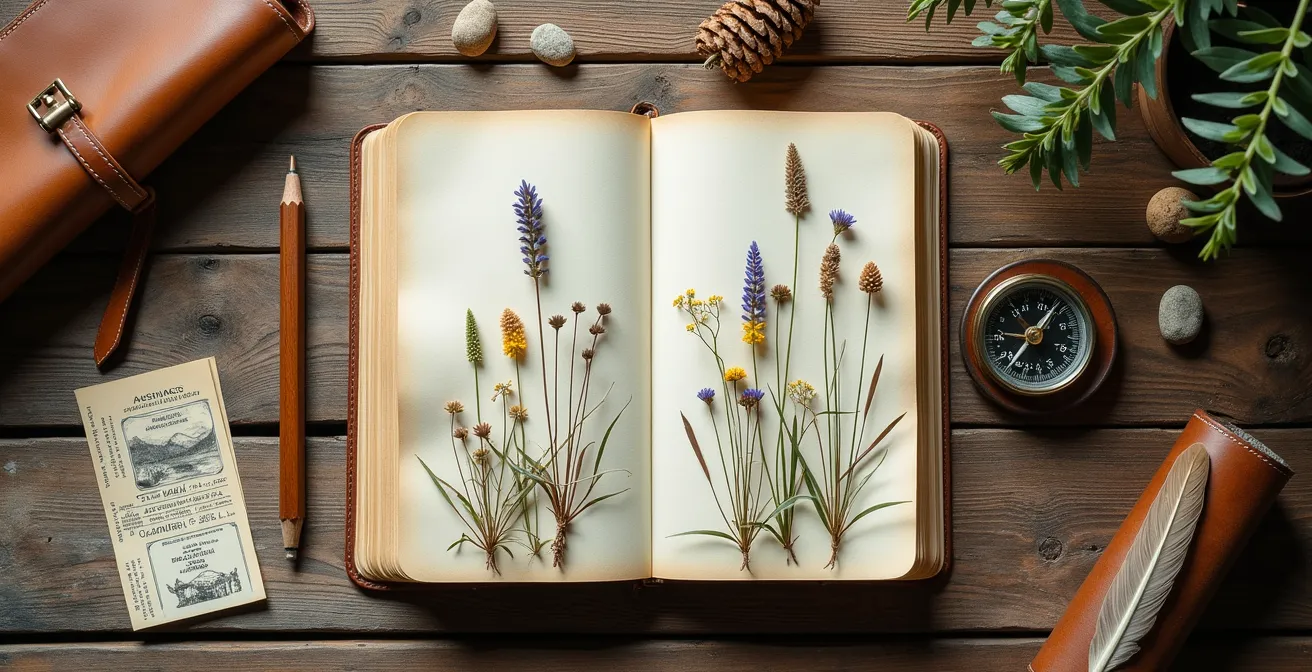Diario aperto su tavolo di legno con foglie secche e matita, vista dall'alto