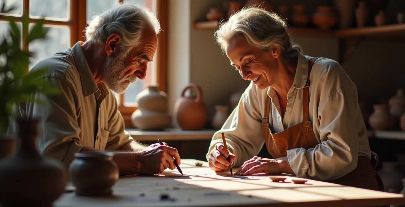 Viaggiatore che interagisce con un artigiano locale in un mercato italiano