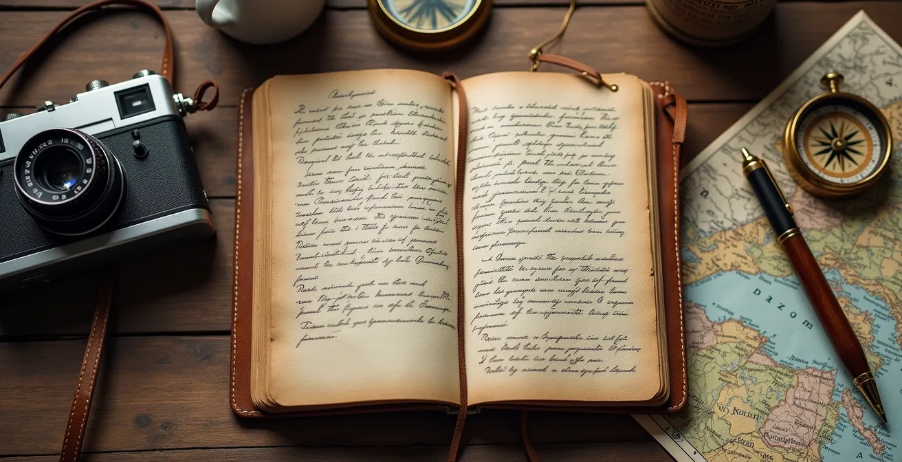 Tavolo con taccuino aperto, macchina fotografica analogica e mappa cartacea al posto di smartphone