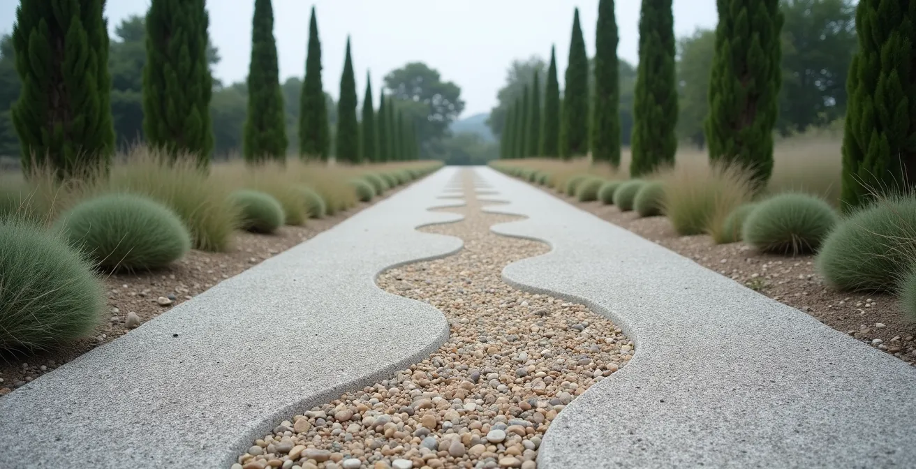 Vista aerea minimalista di sentieri che si biforcano in un giardino zen italiano