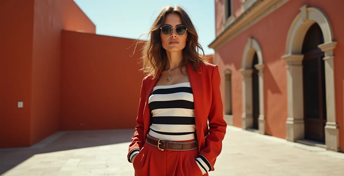 Donna sicura di sé che indossa un outfit con righe orizzontali e colori vivaci in un contesto urbano italiano
