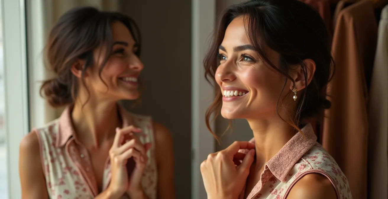 Donna davanti allo specchio che valuta con serenità diversi capi d'abbigliamento, in un ambiente luminoso e positivo