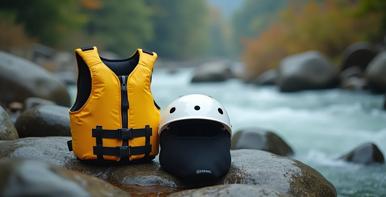 Equipaggiamento di sicurezza per kayak disposto su rocce vicino al fiume