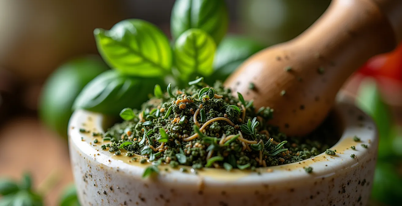 Erbe aromatiche fresche italiane in un mortaio di marmo con olio d'oliva