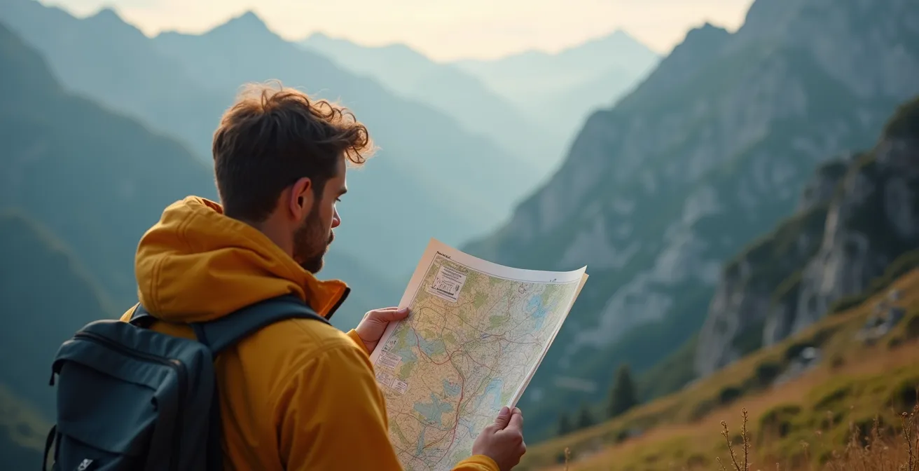 Escursionista che studia una mappa topografica con un panorama di montagne italiane sullo sfondo.