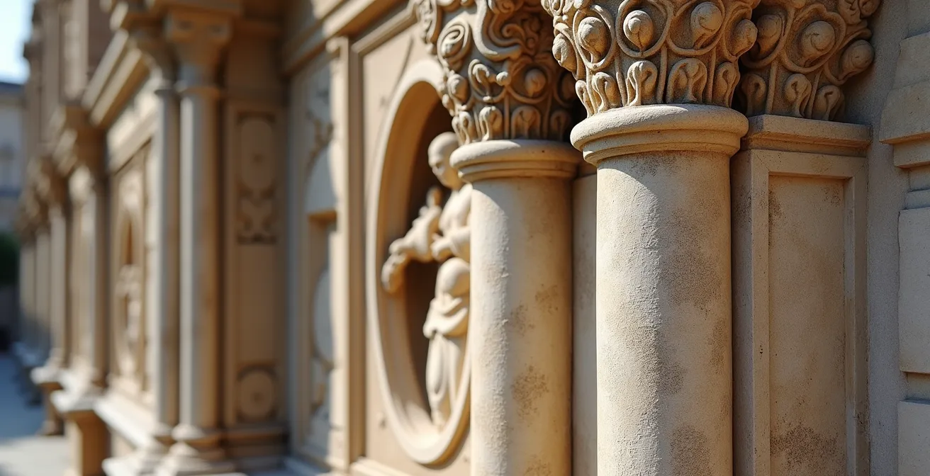 Dettaglio ravvicinato di bassorilievi e sculture su una facciata di cattedrale italiana