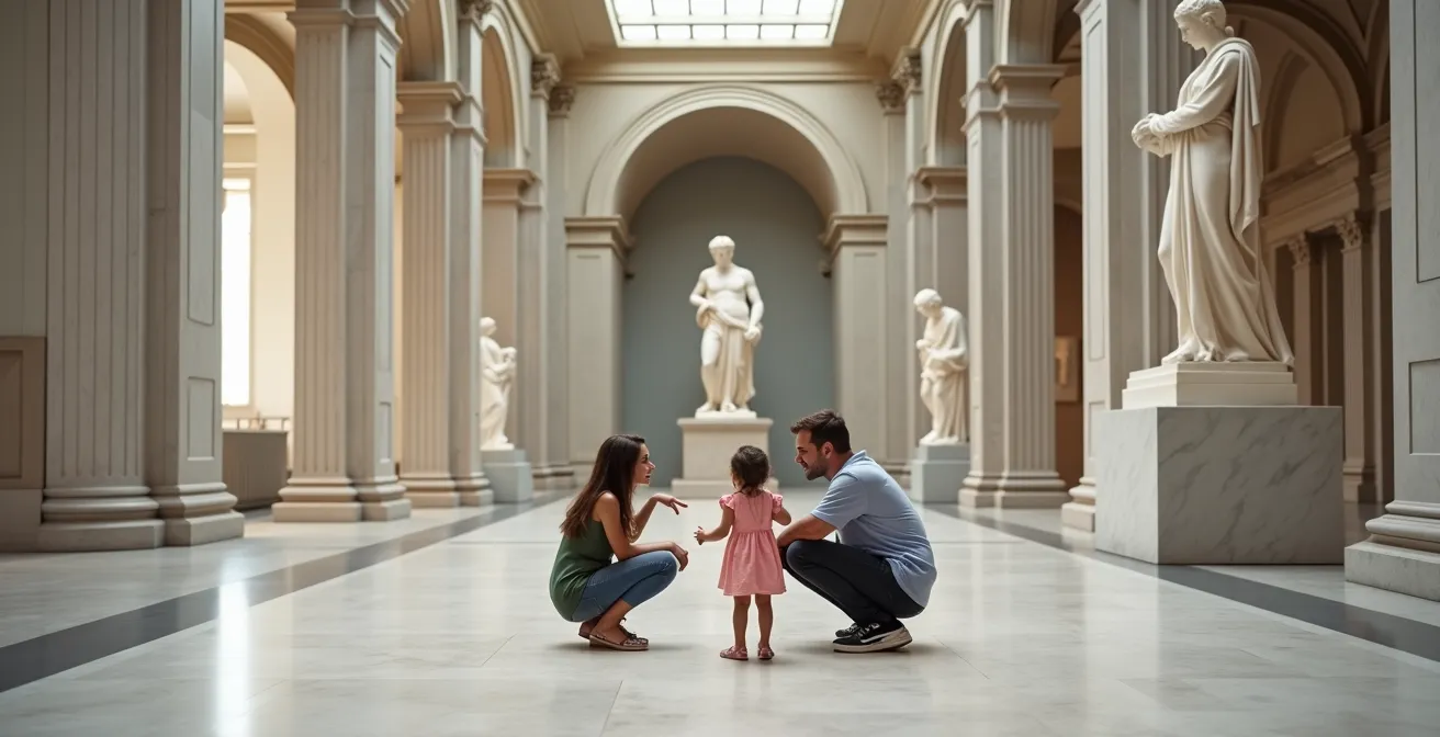 Famiglia che condivide un momento di scoperta davanti a un'opera d'arte in un museo italiano
