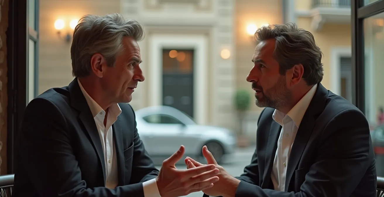 Due colleghi italiani in conversazione costruttiva in ambiente ufficio moderno, espressioni aperte e collaborative