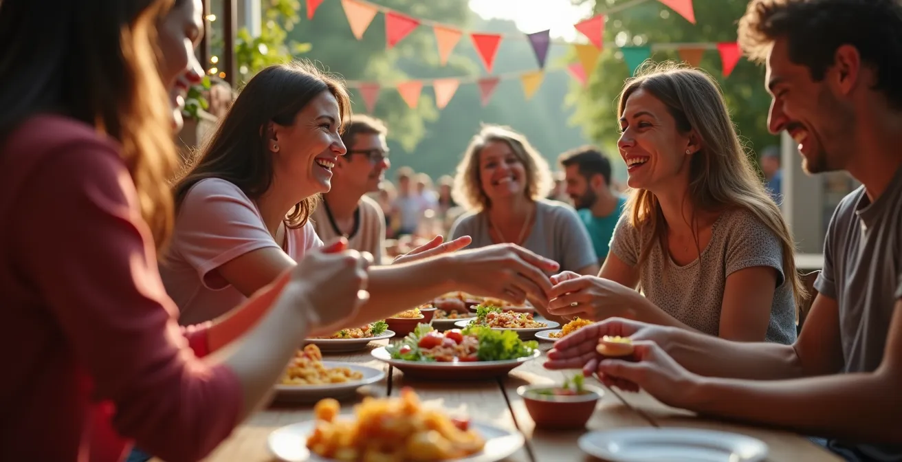 Festa di paese italiana con abitanti e visitatori che condividono un momento conviviale