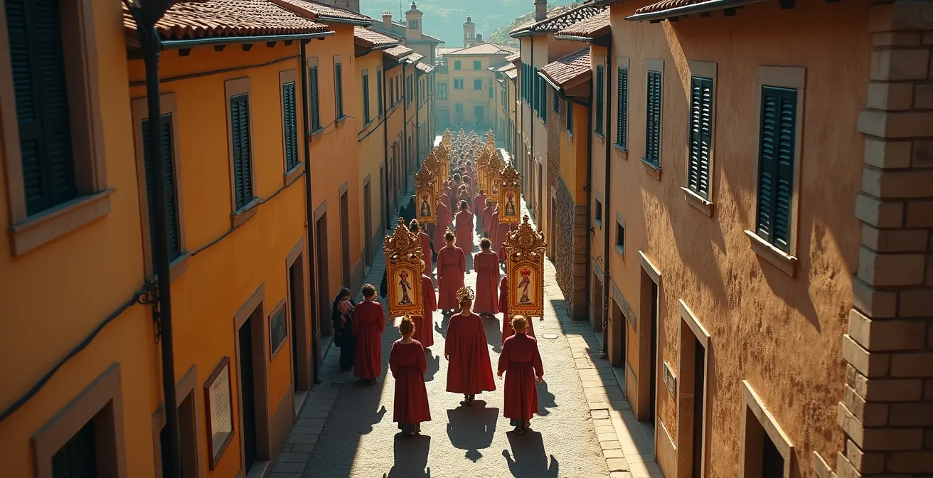 Processione tradizionale in un borgo italiano con abitanti in costumi storici