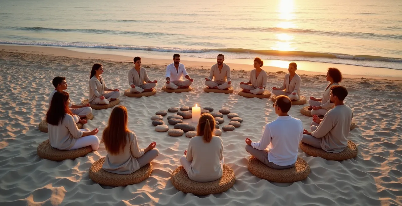 Sessione di meditazione all'alba sulla spiaggia italiana con partecipanti in cerchio