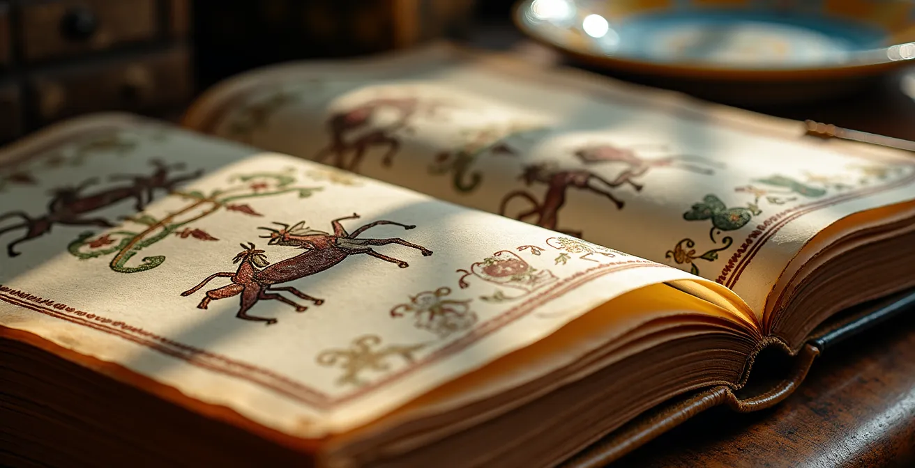 Primo piano di un libro antico aperto con illustrazioni delle contrade di Siena e simboli tradizionali