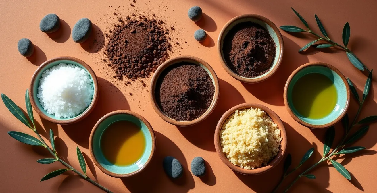 Composizione artistica di ingredienti naturali italiani per scrub: sale di Trapani, caffè macinato, zucchero di canna e olio d'oliva