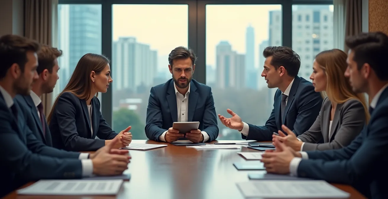 Riunione di investitori italiani in elegante sala conferenze con vista su skyline di Milano
