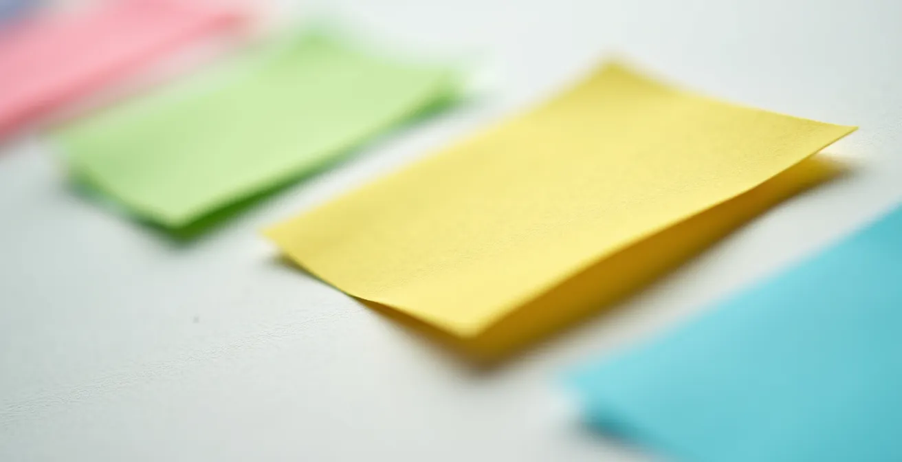 Vista macro ravvicinata di post-it colorati su una lavagna kanban con colonne per organizzare il flusso di lavoro
