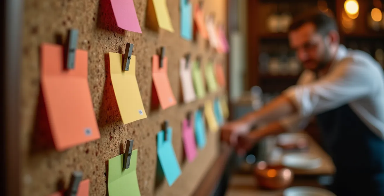 Lavagna Kanban in una trattoria italiana con colonne per organizzare il lavoro quotidiano