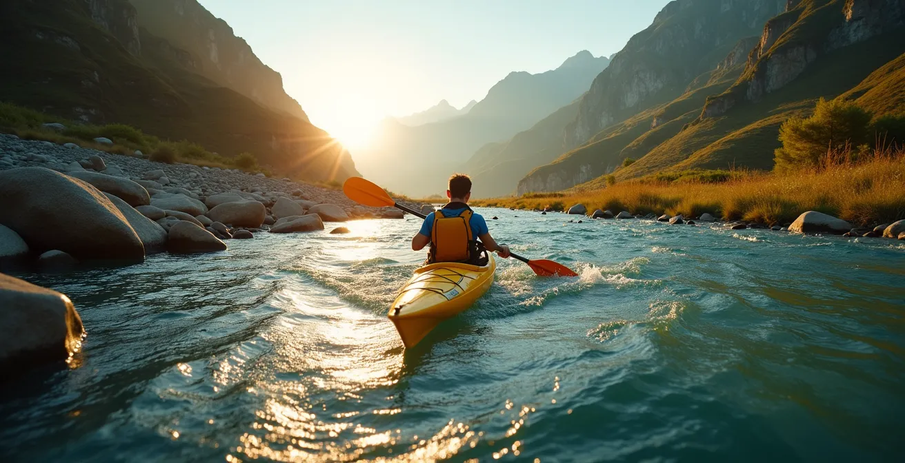 Kayakista dimostra la tecnica della pagaiata circolare per entrare in una zona di acqua calma lungo un fiume italiano