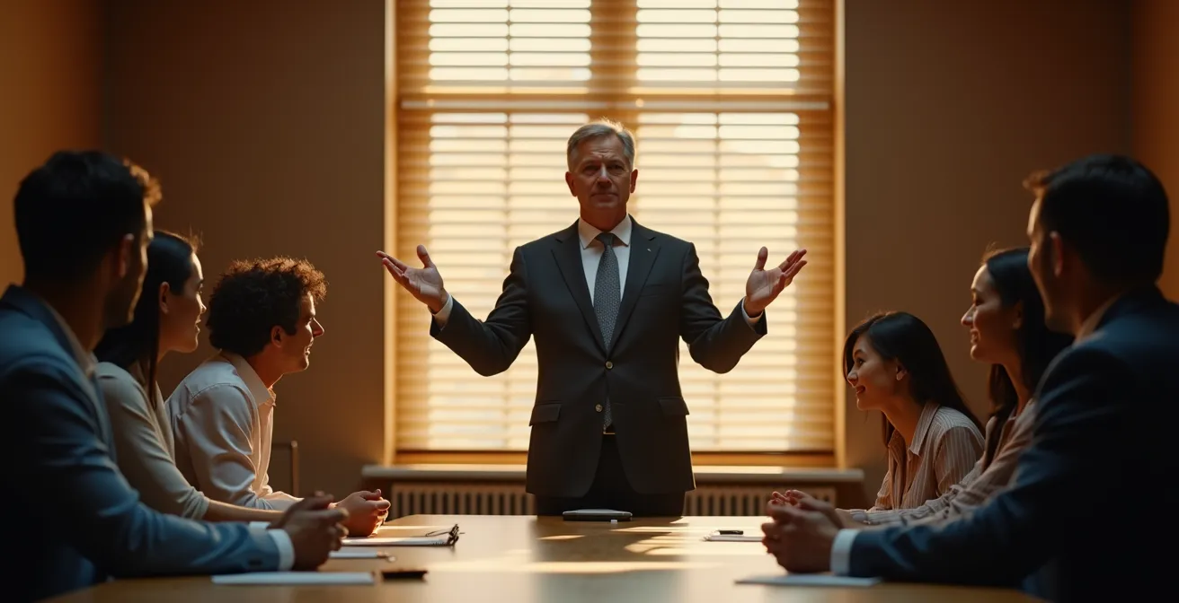 Un leader in un contesto aziendale italiano che dimostra vulnerabilità e apertura con il proprio team